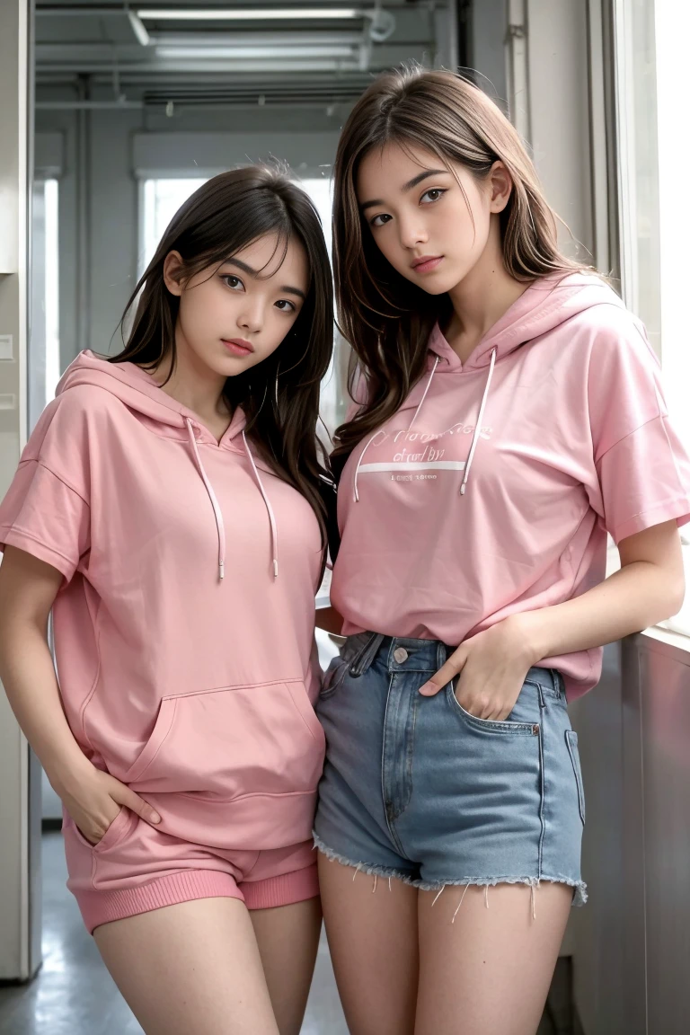 deux femmes ensemble de 18 ans sexy et mince , pink short sleeve hoodie , salle de classe, se touche,position sey,sensuel