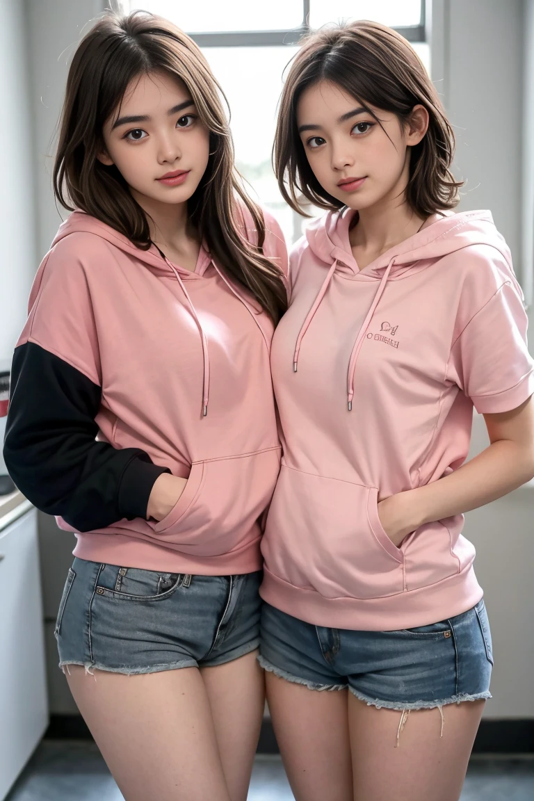 deux femmes ensemble de 18 ans sexy et mince , pink short sleeve hoodie , salle de classe, se touche,position sey,sensuel
