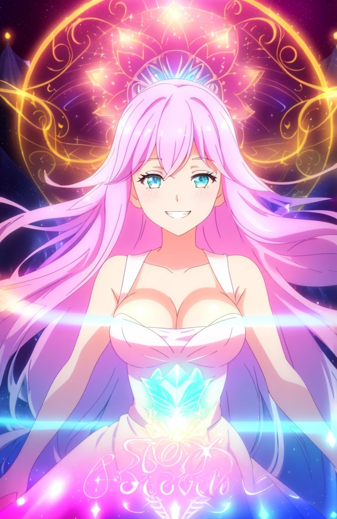 beautiful girl, puffy tiered ballgown, vibrant pastel colors, ((20s,madure female,smile,grin,white dress,cleavage,sleeveless,glowing golden long hair)), magical lights, sparkling magical liquid, inspired by Glen Keane, inspired by Lois van Baarle, disney art style, by Lois van Baarle, glowing aura around her, by Glen Keane, jen bartel, glowing lights! digital painting, flowing glowing hair, glowing flowing hair, beautiful digital illustration, fantasia background, whimsical, magical, fantasy, ((beautiful face)), ((masterpiece, best quality)), intricate details, highly detailed, sharp focus, 8k resolution, sparkling detailed eyes, liquid watercolor