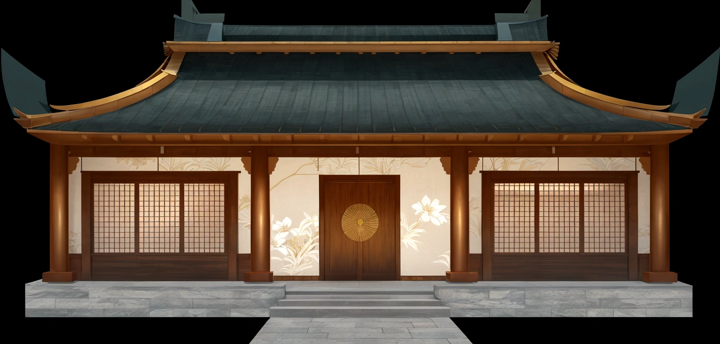 illustration of a traditional chinese building with lanterns and a bird, temple background, zen temple background, background depicting a temple, digital painting of a pagoda, japanese temple, japanese house, korean traditional palace, background art, palace background, chinese building, artwork in the style of z.w. gu, cyberpunk japanese temple, inspired by Shūbun Tenshō