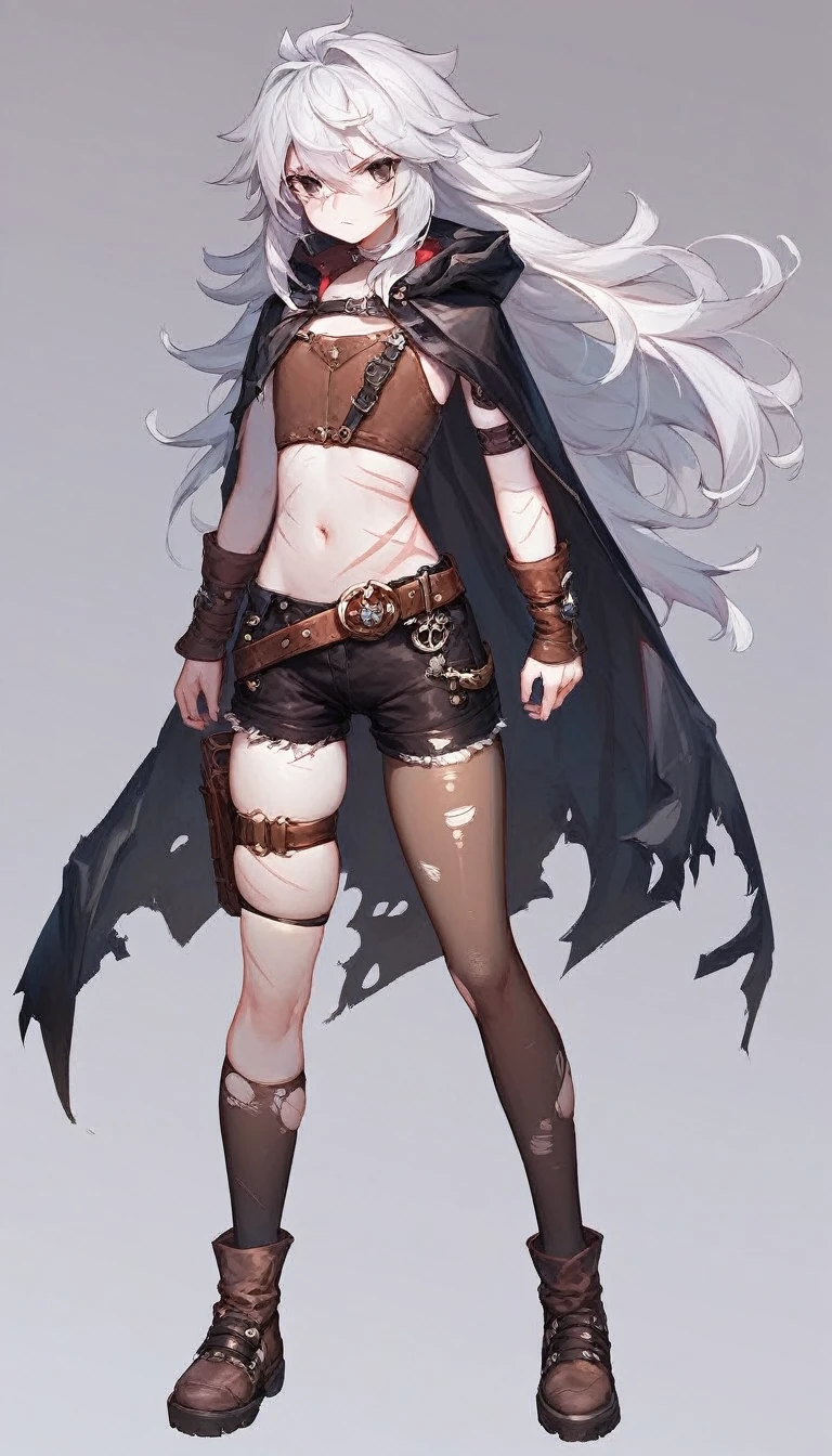 score_9,score_8_up,score_7_up,masterpiece, best quality, 19 year old girl, white skin, dirty white hair, extremely long hair, black eyes, extremely detailed eyes, full body, skiny, tiny body, flat chested, flat stomach, standing, torn clothes, torn, add detail:1, ripped, ripped clothes, very short black shorts, black cape, brown leather chestplate, leather chestplate covered in filth, ((scarred, scars on body)), empty background