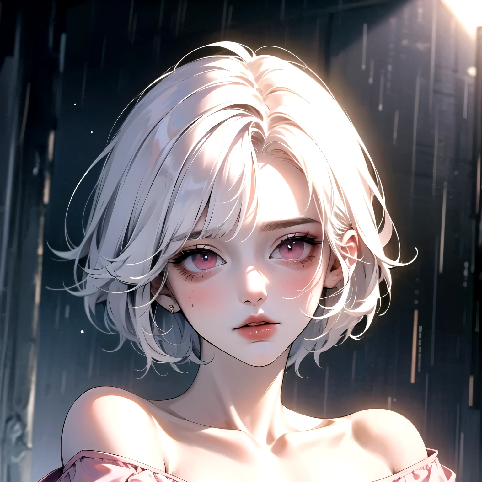 ((best quality)), ((masterpiece)), (detailed), 1girl, girl looking up in the middle of rain. White hair. Short hair. Pink eyes. Sad vibe. Sad face. Off shoulder sweeter.