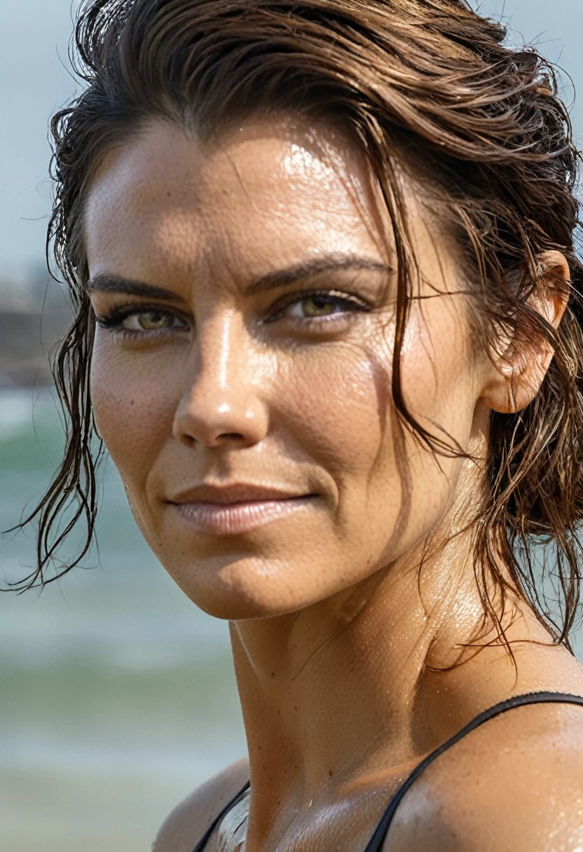  high quality  Erotic shot , ( lauren_cohan  , oily face, sensual detailed ultra realistic  skin texture  ) celebrity erotic photograph , nude,  extremely long  hair ,tall figure , smiling ,seductively , piny skin tone:1.4  erotic photoshoot , fit muscular figure , exhausted look, rainy, warm, sunny, shiny sweaty skin, on beach, wet hair, celebrity, female,  woman, hollywood actress,  fleshy muscular woman  , ( natural lights, depth of field, insanely detailed skin texture, hyper detailed features )