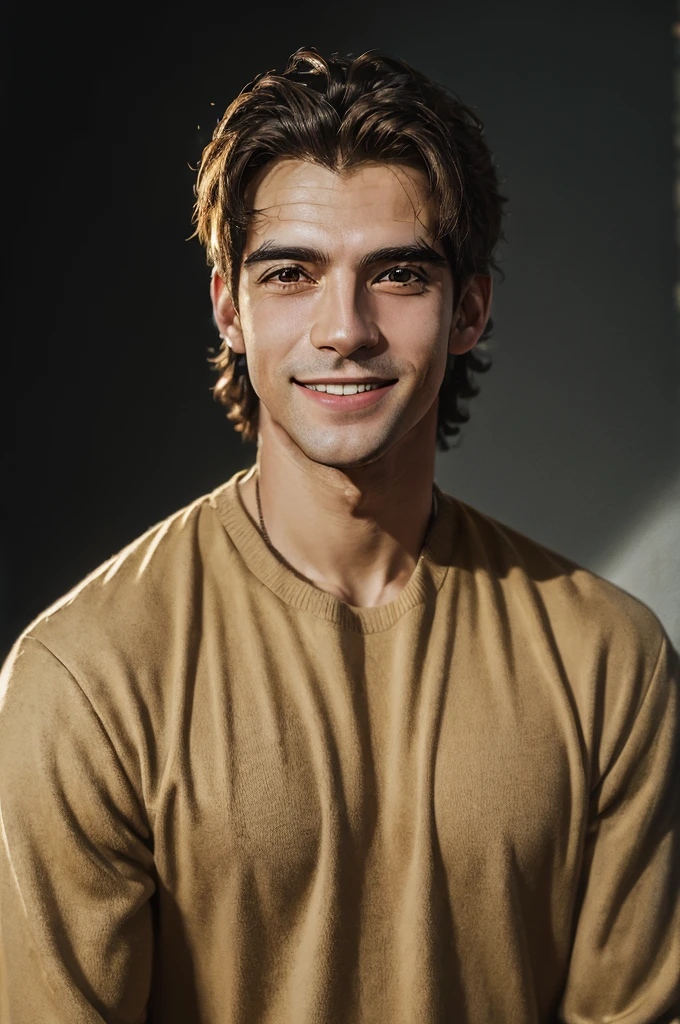 ((long distance shot:1.5)), half body view, france man standing, smiling, light background