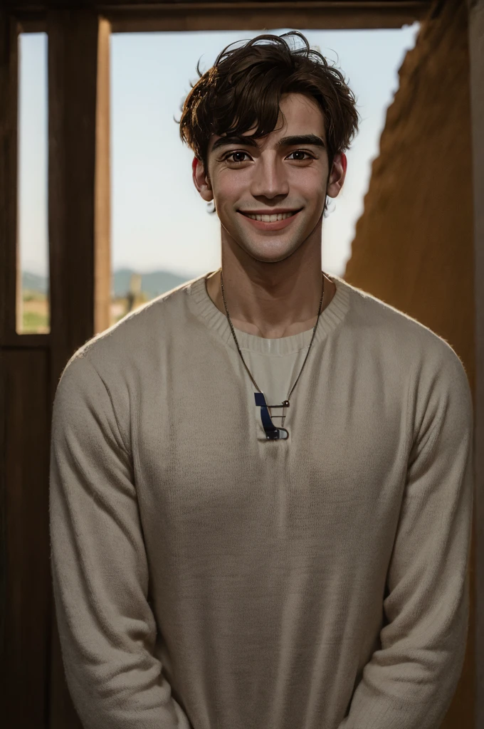 ((long distance shot:1.5)), half body view, france man standing, smiling, light background