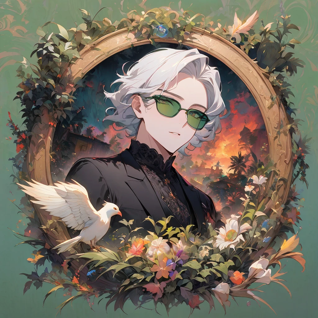 The picture shows an anime male character with white hair and green eyes.look ahead .He is wearing a black suit and sunglasses. The background is green and there is a green frame around the picture. The text at the top says "Virtual King Mesbah" and the text at the bottom says "Mesbah BB'E".