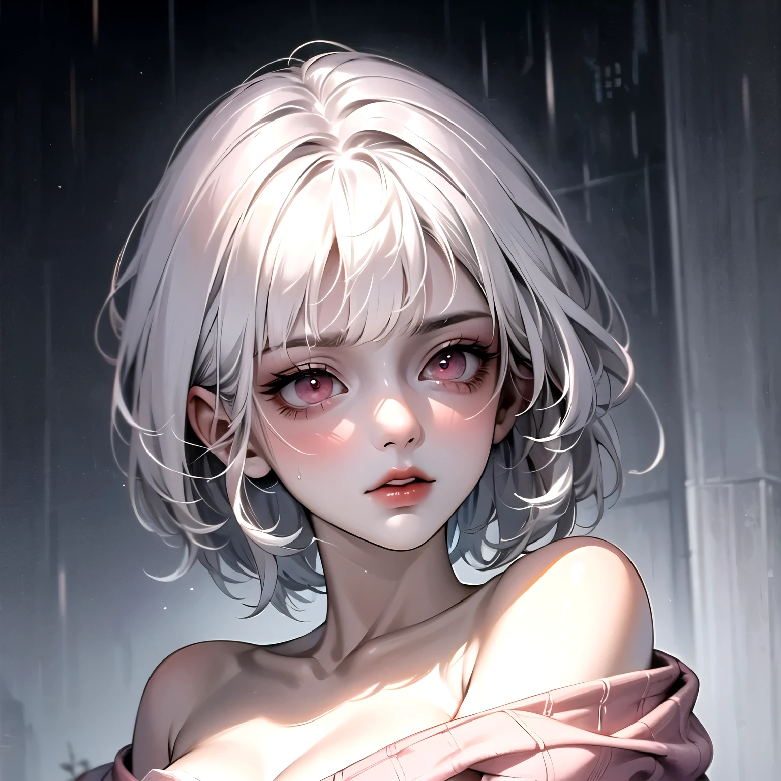 ((best quality)), ((masterpiece)), (detailed), 1girl, girl looking up in the middle of rain. White hair. Short hair. Pink eyes. Sad vibe. Sad face. Off shoulder sweeter.