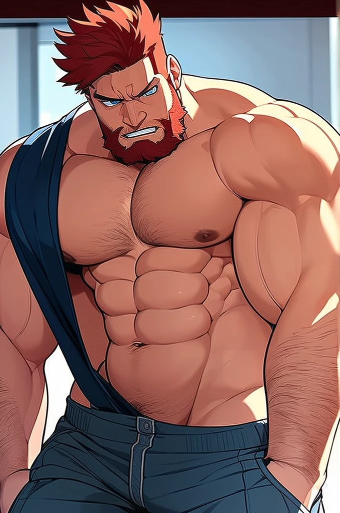 enji todoroki daddy fat, hairy chest, bearded, Big , muscular, Big thighs, handsome, Red hair, light brown skin, erected, Heroic pose, muscular arms, Big muscular chest, detailed light blue eyes, HD