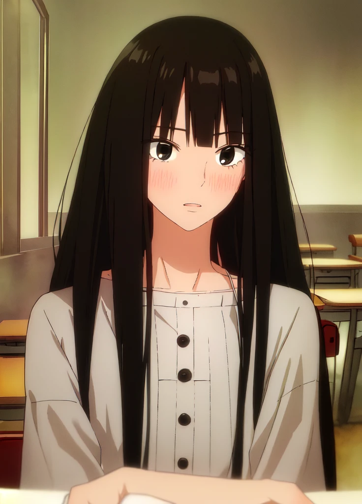 ((best quality)),((highly detailed)),masterpiece,absurdres,detailed face,beautiful face,((detailed eyes, deep eyes)),(1girl),((dynamic pose)), sawako, 1girl, black hair, solo, long hair, bangs, black eyes, blunt bangs, blush, looking at viewer, open mouth, shirt, hime cut, upper body, indoors, chair, classroom, desk, parted lips