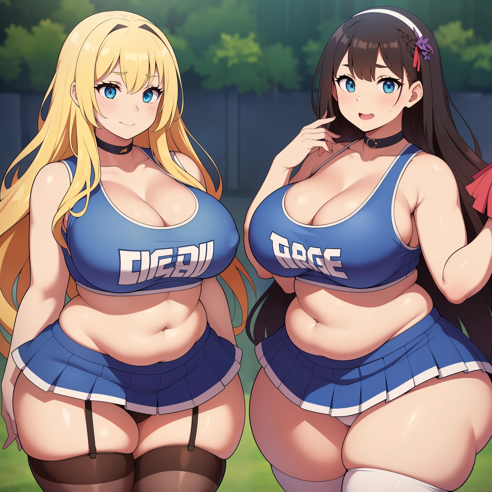 ((Masterpiece)), perfect anatomy, perfect shading, field of depth, (best quality), extremely delicate and beautiful, perfect lighting, detailed face, ultra cute face, cute, (cowboy shot 1.2), full body, (((2girls))), ((2 girls 1 and 2))
Girl 1: has long hair, fluffy hair, blonde hair, blue eyelush)), embarrassed, extremely tight clothes, medium breasts, cleavage, perky breasts, ((wide hips)), (thick thighs), ((chubby)), pudgy belly, fat rolls, belly hang,
Girl 2: has short hair, fluffy hair, brown hair, green eyelush)), seductive smile, chocker, extremely tight clothes, medium breasts, cleavage, perky breasts, (((wide hips))), ((thick thighig butt)), ((plump)), chubby belly, fat rolls, belly hang, she has a jiggly belly,
football field, intricate background, detailed background, girls are standing next to each other, ((cheerleader uniform)), (blue and white tank top 1.2), (short section skirt 1.2), thigh highs,