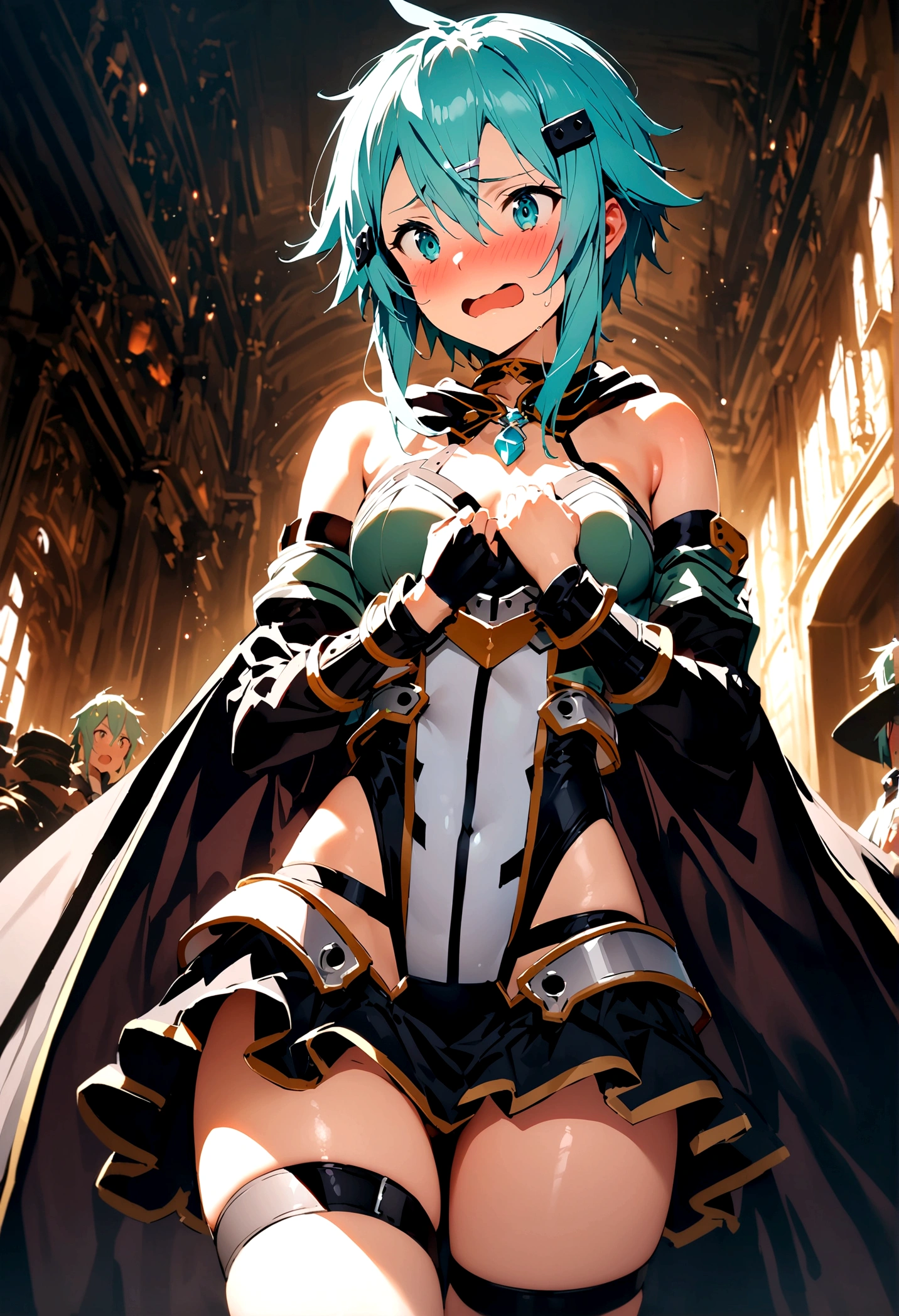 NSFW,masterpiece,Highest quality,High resolution,Super detailed,Sinon\(Sword Art Online\),Bare shoulders,Removable sleeves,Hand guard,leotard,Cape,Frilled mini skirt,gem, hair ornaments, Hair Clip,Thigh straps,Embarrassed,Surprised face,(Lust),(Estrus),blush,Fantasy,Adventurer's Guild,reception,indoor,(male),Arms are pulled,Being taken away