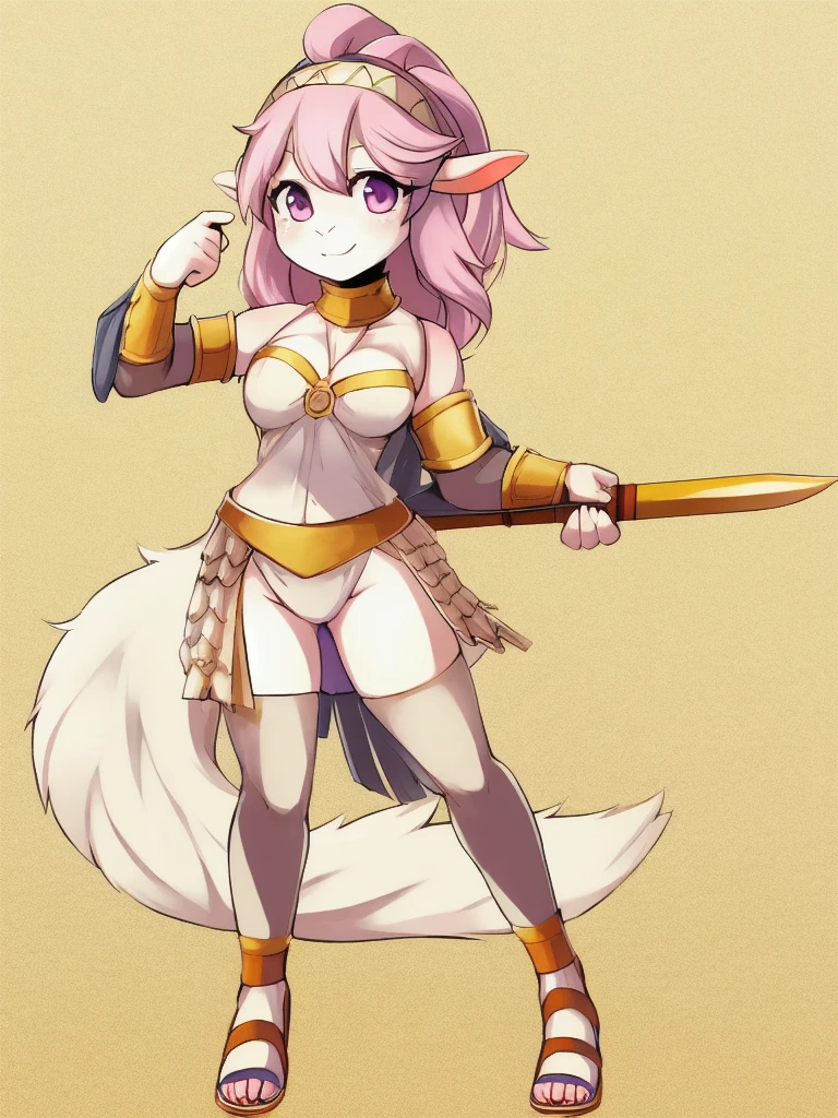 1girl, furry, furry_female, goat_ears, goat_girl, solo, wearing roman armor, gladiator flat sandals, gladiator skirt, holding sword