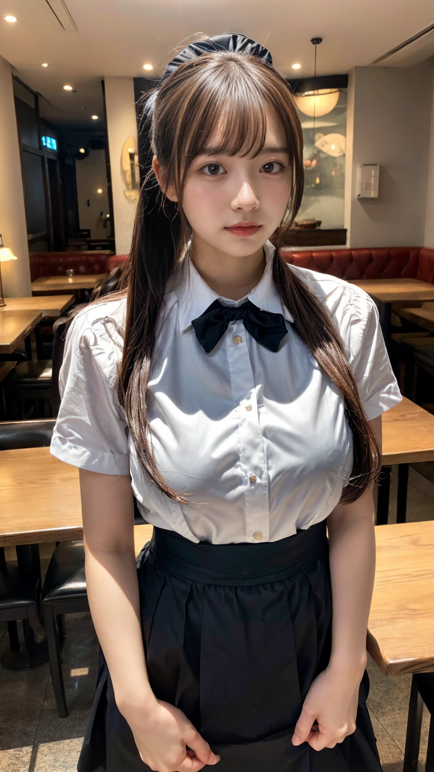 (8K, RAW Photos, Highest quality, masterpiece:1.2), (professional photography, full colors, studio-caliber color grading), (Gravure quality for high-end fashion magazines), close up, BREAK,18 year old girl,(perfect long ponytail:1.1), crying a little, Harajuku style, Big Natural Color Lip, (Plumpy body:1.2), (smooth skin:1.1 (huge breasts:1.2 (expresses the roundness and softness of the chest area..:1.1 BREAK (waitress uniform, restaurant)