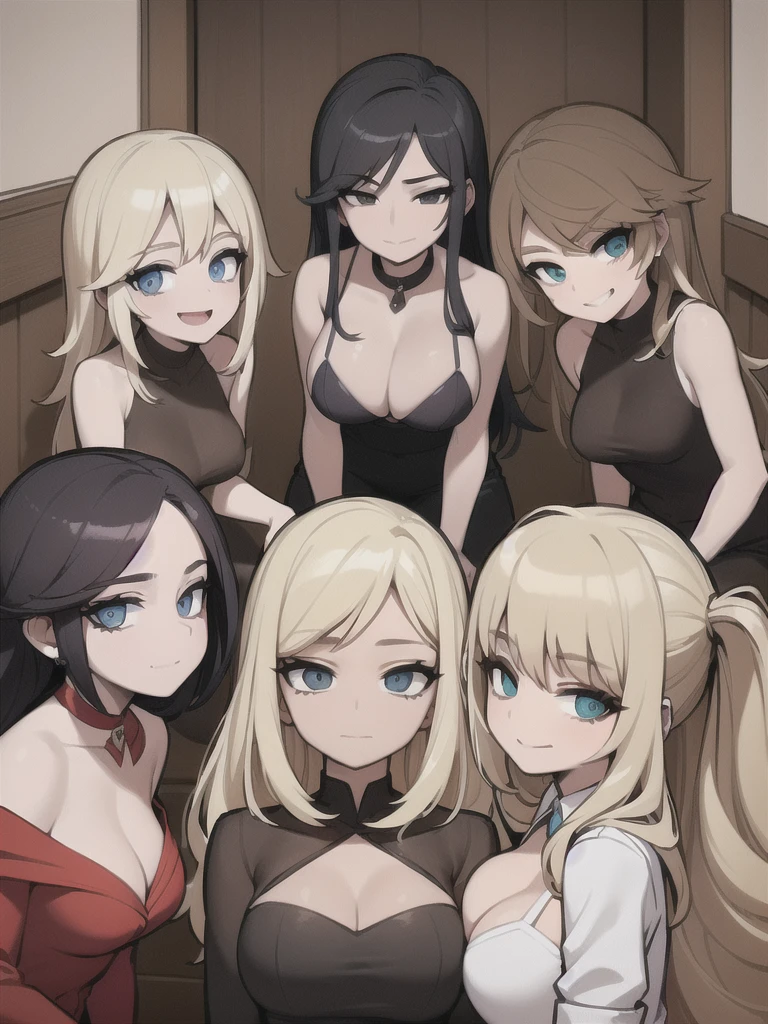 six sexy women who are wives of boy, looking at camera, seductive smiles, portrait, various hair