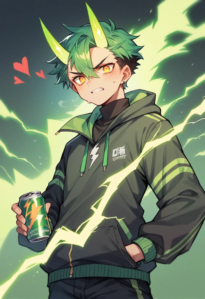black ban energy , convex form of the form, green lightning in the middle , to the right of the lightning there is a red heart , at the top of the can there is a green inscription B.B.c
