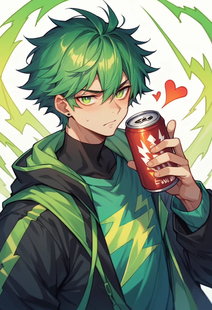 black ban energy , convex form of the form, green lightning in the middle  , to the right of the lightning there is a red heart ,  at the top of the can there is a green inscription B.B.c