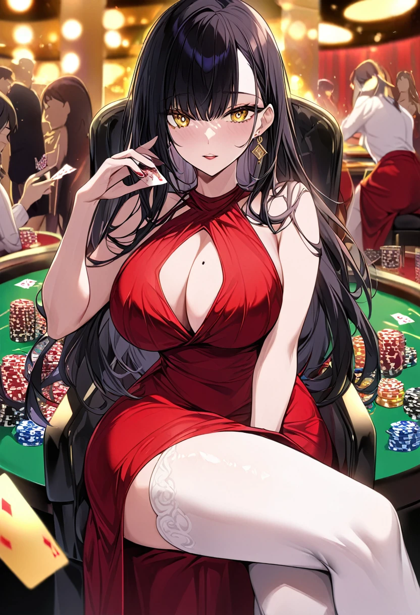 Adult female, busty, hourglass figure, sexy red dress, messy and long black hair, golden yellow irises, defined black pupils, passionate, seductive, casino, poker table, holding cards, sitting in a chair at a poker table, well defined, perfect definition, high quality, perfect eyes, perfect hands, crowded casino
