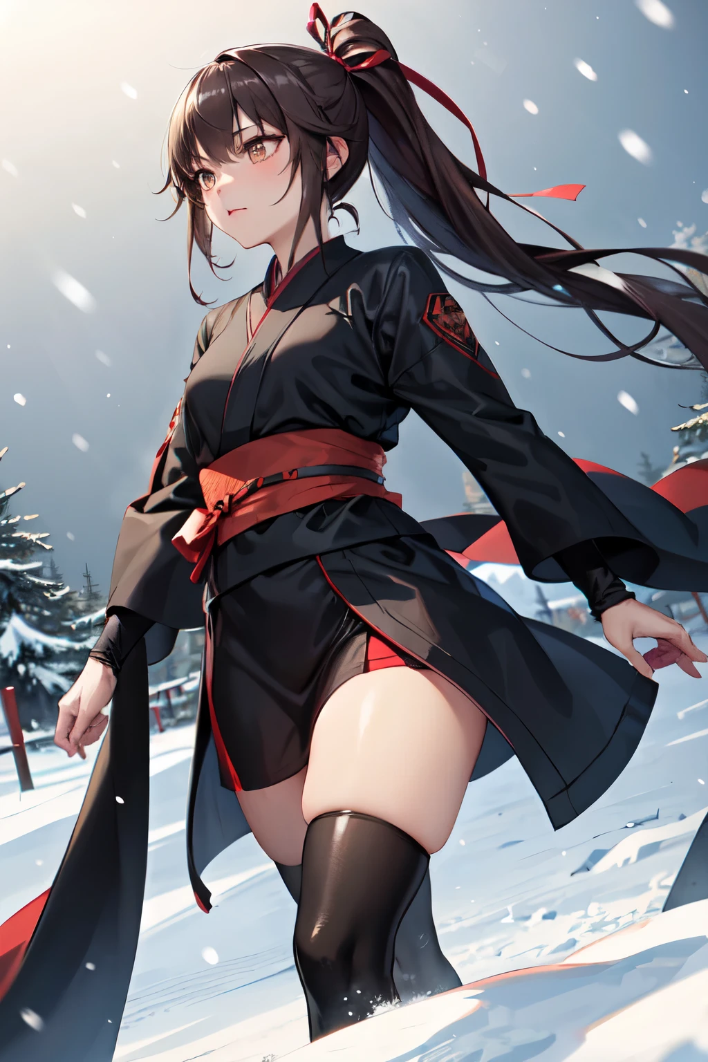 snow、female organ、pubic hair、吹snow、Beautiful Female Ninja、Black Hair Upstyle、((whole body))、(((photo taken from below)))、snowの原野