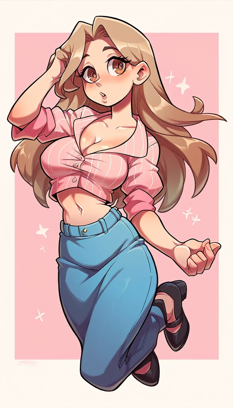 A beautiful sexy girl with big breasts, long light brown hair, her brown eye, is dressed in a pink button-down blouse, showing her navel, and a long blue skirt with a black heel.