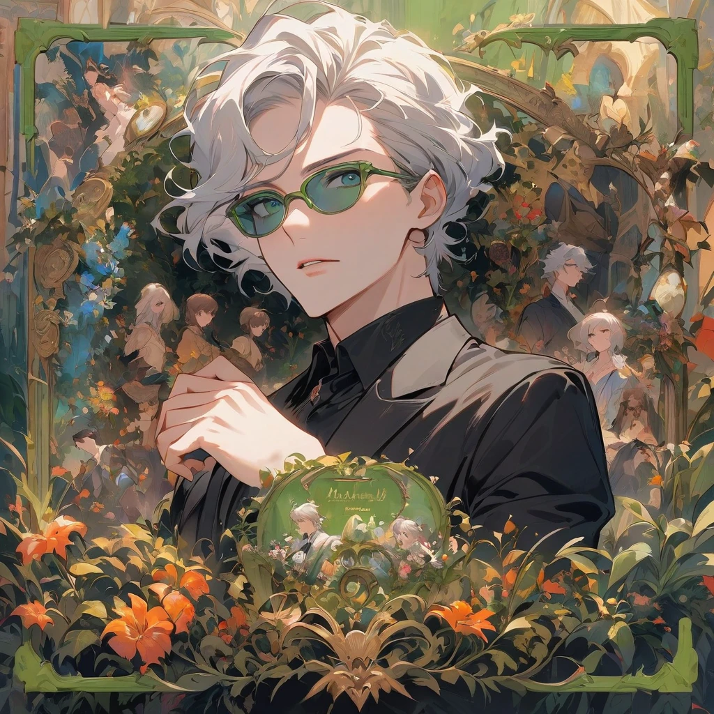 The picture shows an anime male character with white hair and green eyes. look ahead .He is wearing a black suit and sunglasses. The background is green and there is a green frame around the picture. The text at the top says "Virtual King Mesbah" and the text at the bottom says "Mesbah BB'E".