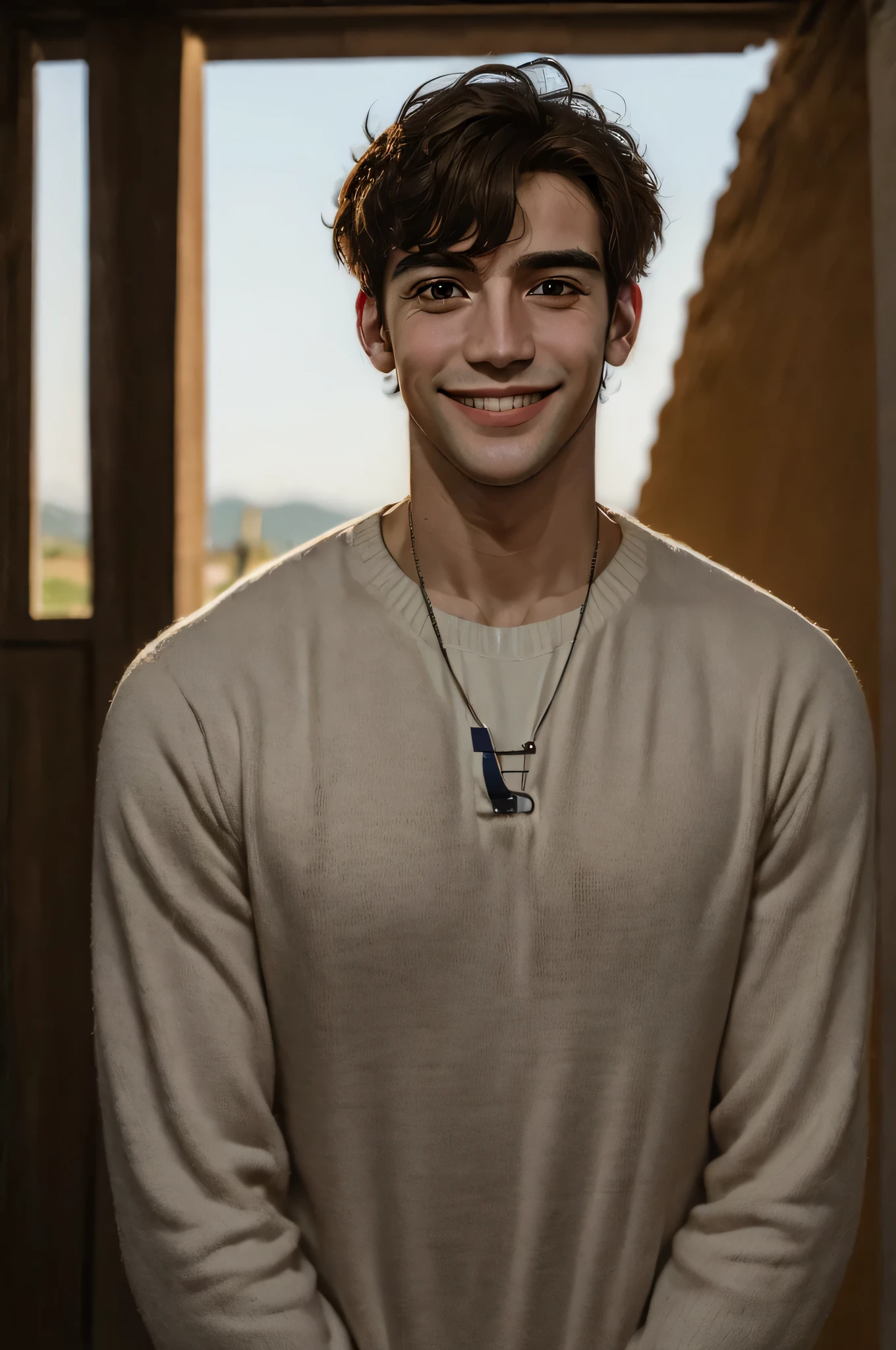 ((long distance shot:1.5)), half body view, france man standing, smiling, light background