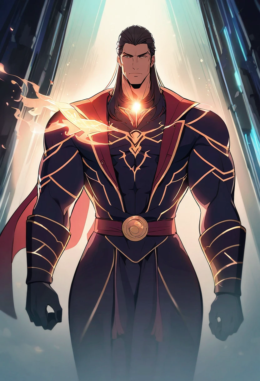 (Absurd, High resolution, Super detailed), 1 male, Adult, good looking, Tall and muscular man, Broad shoulders, Detailed drawn eyes, Very long hair,In a mystical cave, Casting a spell, Night, Central composition, Low angle shot, Eerie glow, Character's hands, Smooth, Mysterious, anime style, attractive anime, pixiv fan art