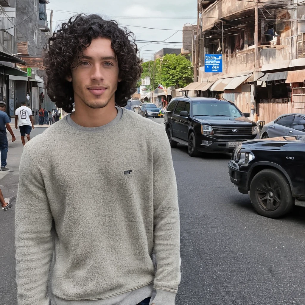 A girl with black curly hair, standing on the street looking at someone, handsome, highly detailed, highly detailed skin, white skin, green eyes, instagram photo, skin pores,Zeiss 150mm f/2.8,, 