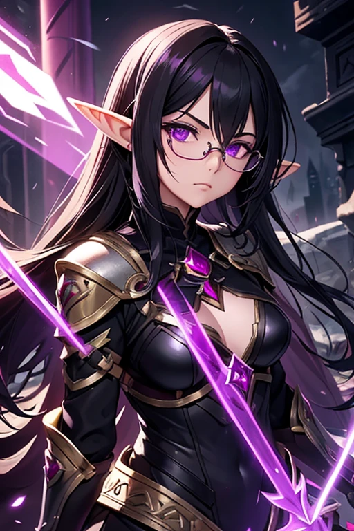 an elf girl with black hair, purple eyes, dark purple armor with a ruby ​​in the center, glasses, a dark sword with a ruby ​​in the center