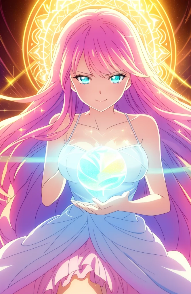 beautiful girl, puffy tiered ballgown, vibrant pastel colors,20s,madure female,smile,angry,closed mouth,white dress,cleavage,sleeveless,((glowing golden long hair)), magical lights, sparkling magical liquid, inspired by Glen Keane, inspired by Lois van Baarle, disney art style, by Lois van Baarle, glowing aura around her, by Glen Keane, jen bartel, glowing lights! digital painting, flowing glowing hair, glowing flowing hair, beautiful digital illustration, fantasia background, whimsical, magical, fantasy, ((beautiful face)), ((masterpiece, best quality)), intricate details, highly detailed, sharp focus, 8k resolution, sparkling detailed eyes, liquid watercolor