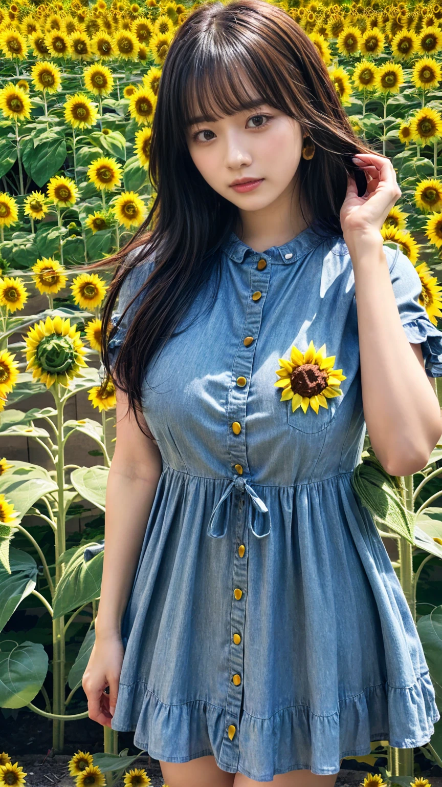 (8K, RAW Photos, Highest quality, masterpiece:1.2), (professional photography, full colors, studio-caliber color grading), (Gravure quality for high-end fashion magazines), close up, BREAK,18 year old girl, (straight hair:1.1), crying a little, Harajuku style, Big Natural Color Lip, (Plumpy body (smooth skin.1 (huge breasts BREAK (((casual dress.3)), BREAK (Sunflower field background)、