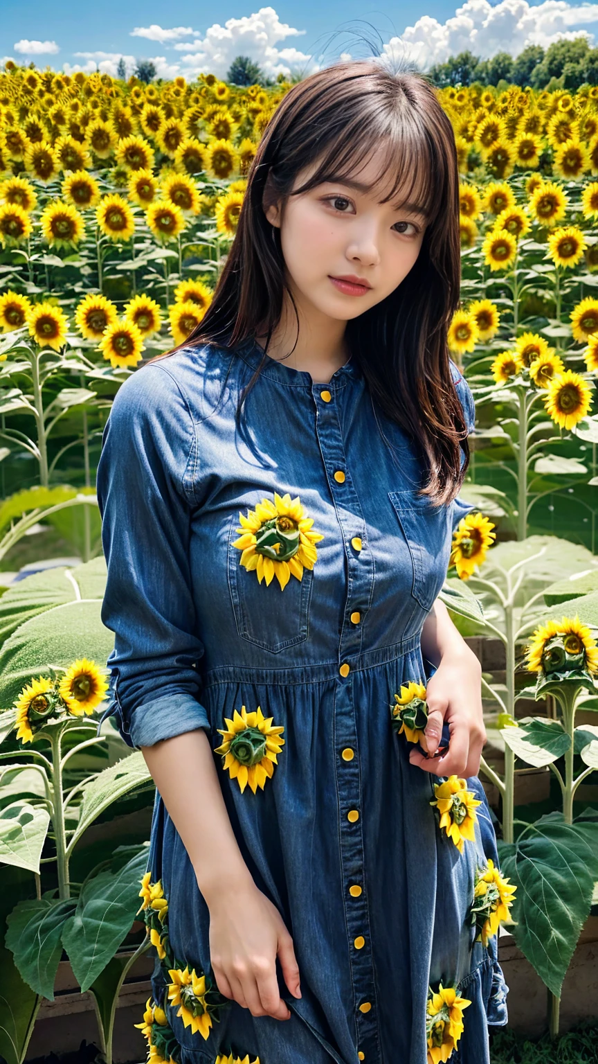 (8K, RAW Photos, Highest quality, masterpiece:1.2), (professional photography, full colors, studio-caliber color grading), (Gravure quality for high-end fashion magazines), close up, BREAK,18 year old girl, (straight hair:1.1), crying a little, Harajuku style, Big Natural Color Lip, (Plumpy body (smooth skin.1 (huge breasts BREAK (((casual dress.3)), BREAK (Sunflower field background)、