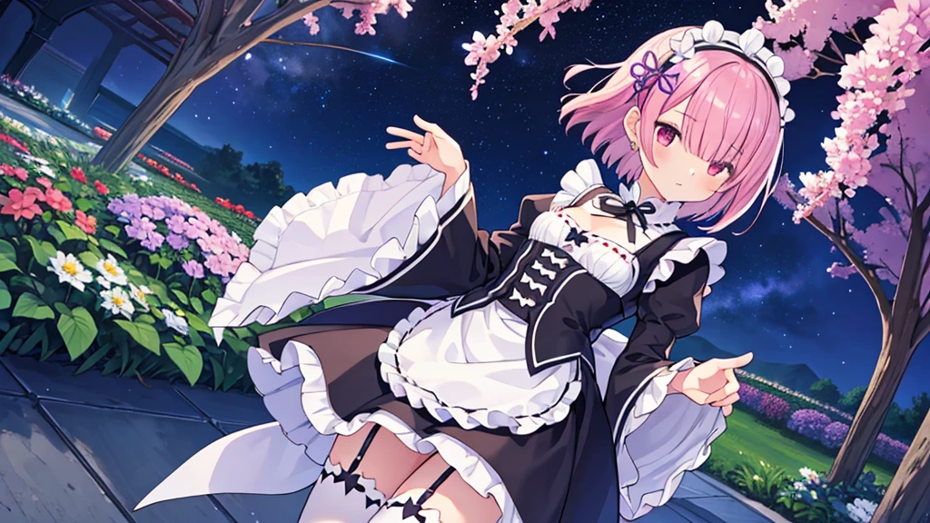 Masterpiece, Best Quality, high resolution, ram1, 1 girl, Alone, ram \(re:zero\), pink hair, white thighs, short hair, Red eyes, hair over one eye, ribbon ornament, hair band, x hair ornament, , maid headdress, waist apron, garter straps, black tie, small breasts, long sleeves, White apron, Neckband, purple ribbon, wide sleeves, hair flower, beautiful garden at night with incredible starry night sky