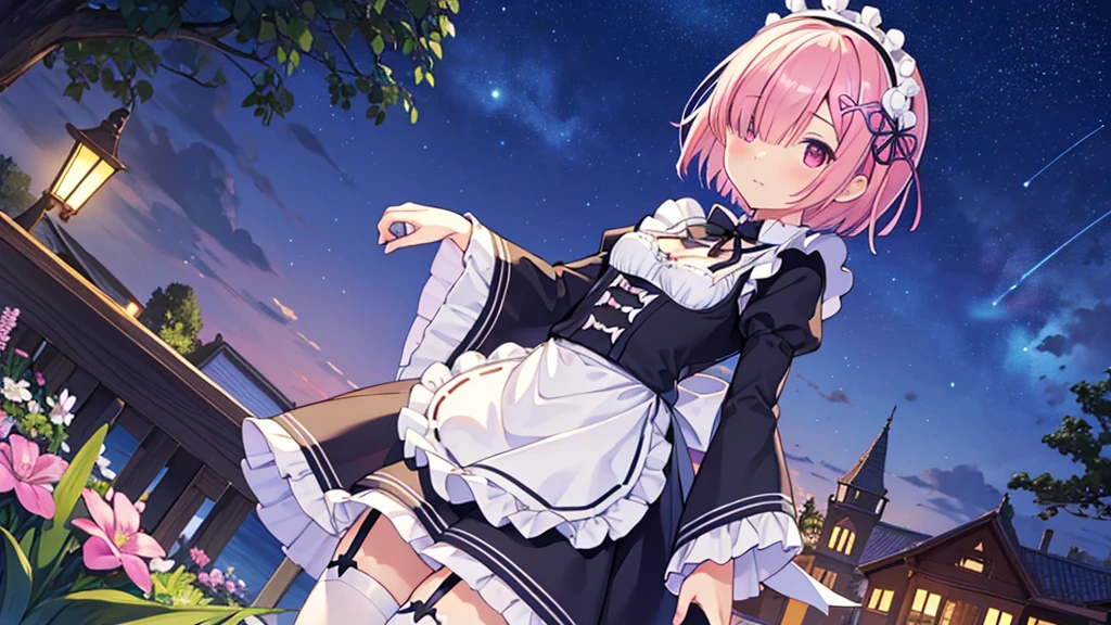 Masterpiece, Best Quality, high resolution, ram1, 1 girl, Alone, ram \(re:zero\), pink hair, white thighs, short hair, Red eyes, hair over one eye, ribbon ornament, hair band, x hair ornament, , maid headdress, waist apron, garter straps, black tie, small breasts, long sleeves, White apron, Neckband, purple ribbon, wide sleeves, hair flower, beautiful garden at night with incredible starry night sky