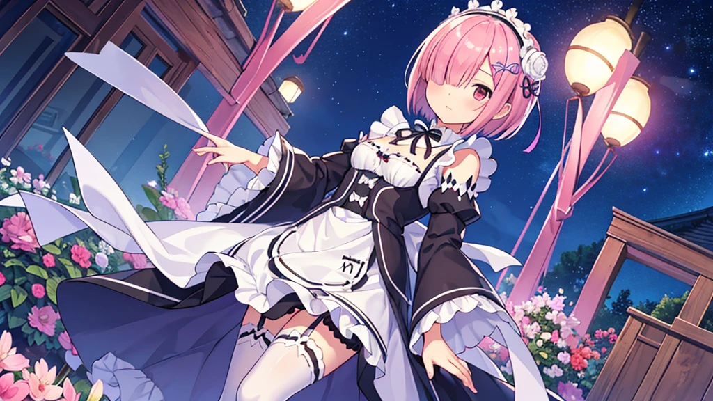 Masterpiece, Best Quality, high resolution, ram1, 1 girl, Alone, ram \(re:zero\), pink hair, white thighs, short hair, Red eyes, hair over one eye, ribbon ornament, hair band, x hair ornament, , maid headdress, waist apron, garter straps, black tie, small breasts, long sleeves, White apron, Neckband, purple ribbon, wide sleeves, hair flower,  beautiful garden at night with incredible starry night sky