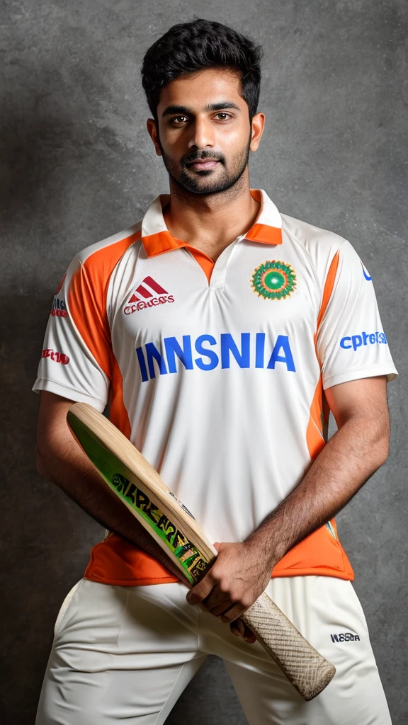 Base model of a handsome indian man, homoerotic, masterpiece, crotch bulge, handsome face, posing for photo shoot, ultra HD, 16k resolution, handsome face, beautiful eyes, messy hair, he is a cricket player, (wearing indian cricket team Jersey), holding a cricket bat