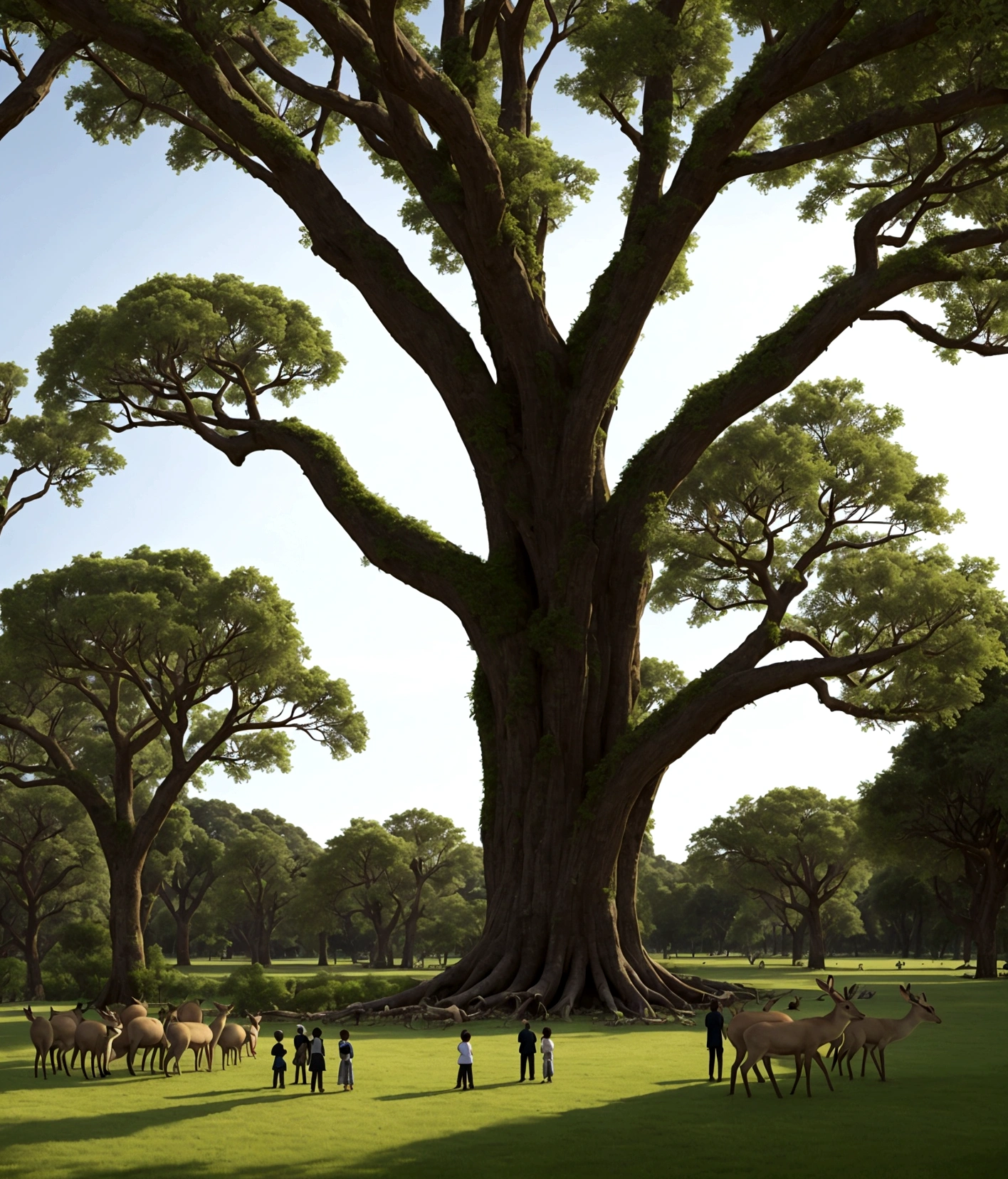 In a vast, lush green valley, surrounded by tall snow-covered forests in the background, a majestic tree stands out in the center of the scene. This tree is a (ancient kapok tree) imposing and robust, its roots deeply intertwined with the fertile earth. Around your roots, Various wild animals are present: deer, bunnies, foxyms, and birds, all sheltering under its shadow, in perfect harmony.
A cena, However, has a deep emotional contrast. The tree is embraced by a human figure, a child, who wraps her with his small arms in a gesture of farewell and protection. The child&#39;s tears are visible, reflecting the pain and sadness of impending loss. over the horizon, a row of deforestation machines slowly approaches, symbolizing the imminent threat of destruction. Behind the , other human beings of different ages and ethnicities approach, forming a circle around the tree, holding hands, in an act of unity and peaceful resistance.