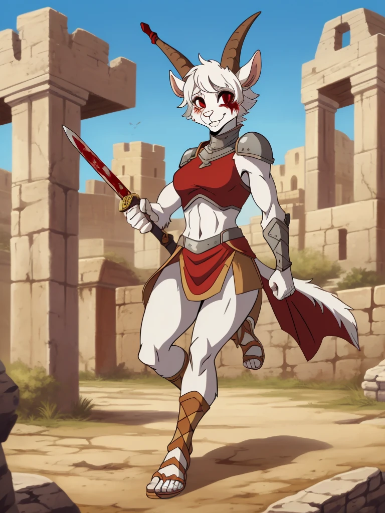 score_9,score_8_up,score_7_up, source_cartoon, source_furry, furry girl, wolf, black hair, punk hairstyle, long spiky ponytail, large ponytail, anime style, small breasts, flat chest, red eyes, (makeup, red eyeshadows), ((circlet, red gemstone, yellow bandeau, strapless bra, shoulder armor, gold armor, loincloth, vambraces, gem, blue gemstone, neck ring, shin guards, sandals)), high quality, detailed body, detailed eyes, detailed face, masterpiece, glistening body, detailed body fur, best quality, two tone body, gray fur, clear gray fur, perfect lighting, perfect shadows, perfect eyes, perfect hair, perfect face, gorgeous body, skinny, cute, anime style, thick outline, anthropomorphic, countershading, looking at viewer, full body, feets with three toes, field, clear sky, ancient ruins,