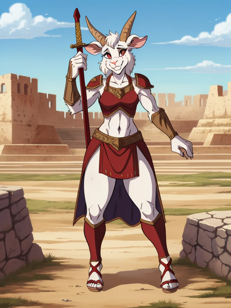 1girl, furry, furry_female, goat_ears, goat_girl, smile, solo, wearing  armor, gladiator flat sandals, gladiator skirt, humanoid feet, holding sword, nosebleed,bloody nose