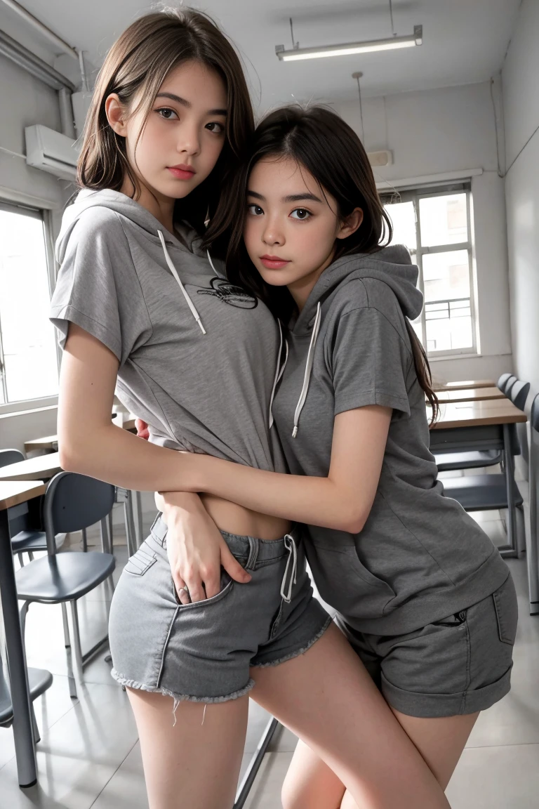 deux femmes ensemble de 18 ans sexy et mince , gray short sleeve hoodie , salle de classe, se touche,position sey,sensuel