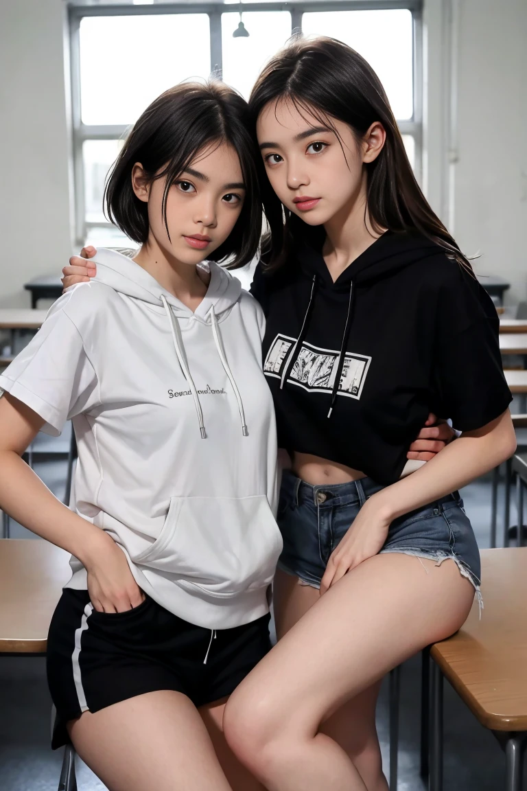 deux femmes ensemble de 18 ans sexy et mince , black short sleeve hoodie , salle de classe, se touche,position sey,sensuel