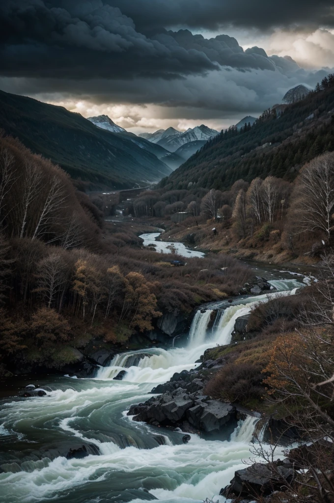 a breathtaking landscape of the Vinland saga, lush forests, rugged mountains, raging rivers, detailed clouds, dramatic lighting, moody atmosphere, fantasy art, digital painting, cinematic composition, photorealistic, 8k, best quality, highly detailed