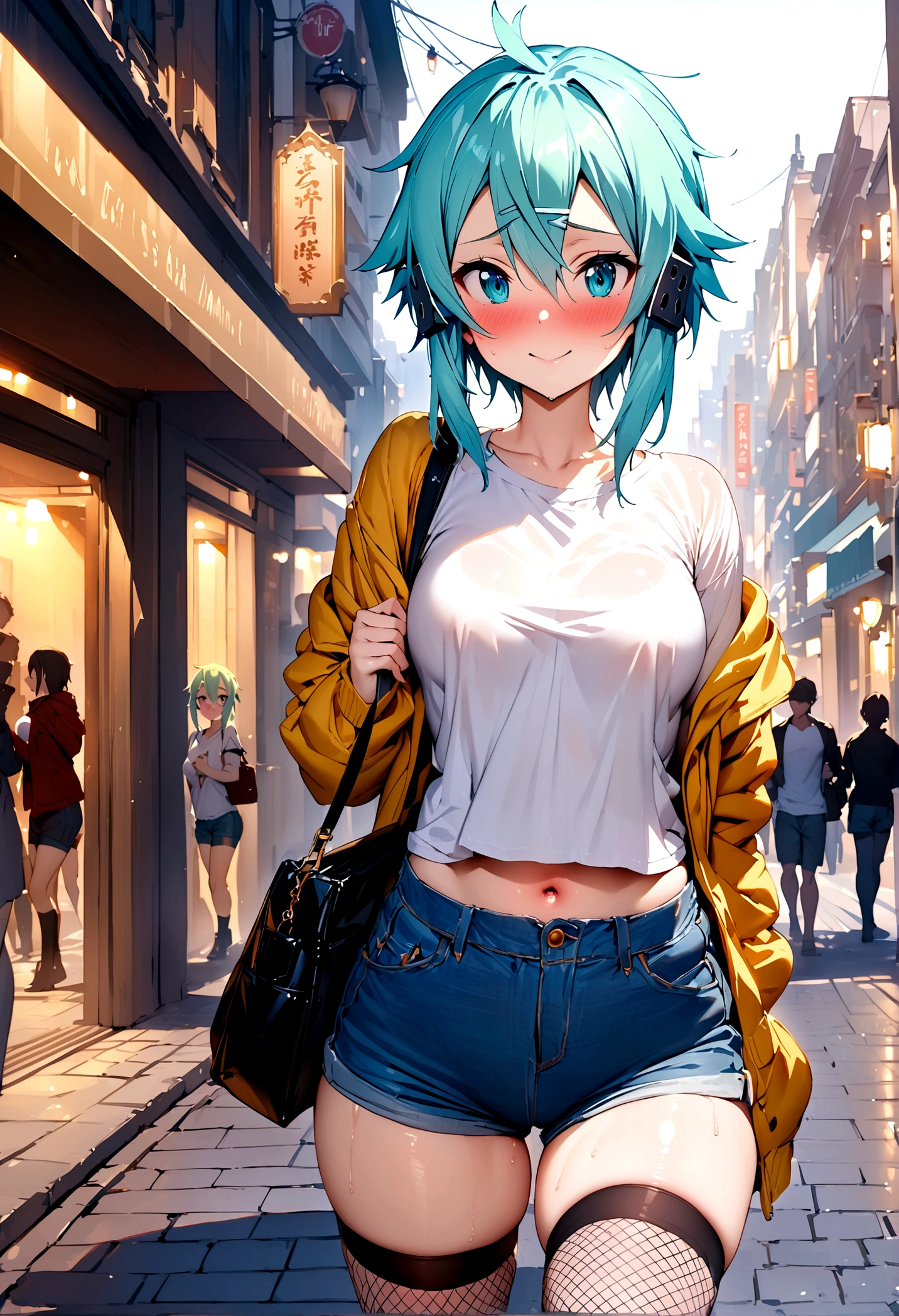 NSFW,masterpiece,Highest quality,High resolution,Super detailed,Sinon\(Sword Art Online\),Jacket,White T-shirt,cropped,Shorts,Fishnet tights,Shoulder bag,Embarrassed,expectant face,smile,blush,bustling street,Date