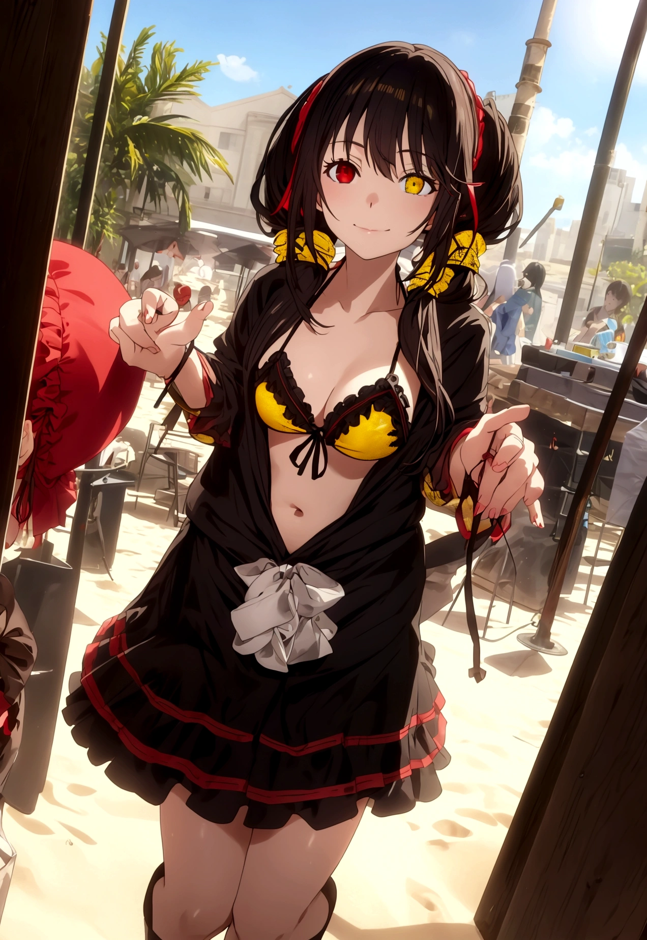 ultra-detailed,highly detailed,best quality,masterpiece,illustration,realistic, photo,photorealistic,
1girl, tokisaki kurumi,cosplay,hair over one eye, ((right red eye, left yellow eye)), looking at viewer, happy girl,low twintails,
, (bikini) , hair rings,
Outdoors, walking, (beach)