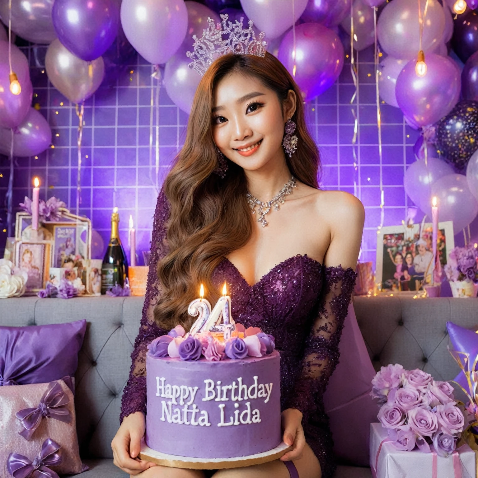 The birthday party of an Asian woman with long hair, she is wearing a glamorous purple birthday attire, sitting with purple balloons and decorations and signs, she is 24 years old, she is holding a purple birthday cake, you can see very clearly the writing on her birthday cake " Happy Birthday Nata Lidia", "24", she is happy, smiling, party balloons, party lights, birthday party decorations around the room, better detail and lighting, high quality photos.