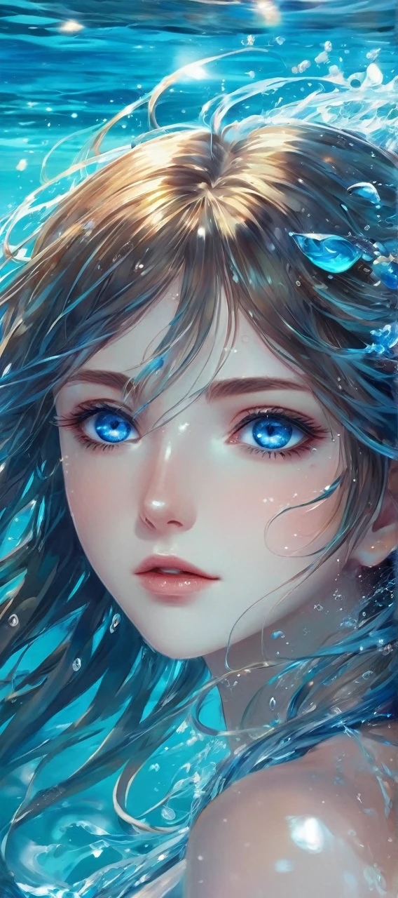 anime girl with blue eyes and long hair in the water, an anime drawing by Yuumei, pixiv, digital art, wallpaper anime blue water, watery eyes, blue watery eyes, detailed digital anime art, watery blue eyes, water eyes, azure blue watery eyes, clean detailed anime art, detailed anime art, beautiful anime portrait, sparkling blue eyes