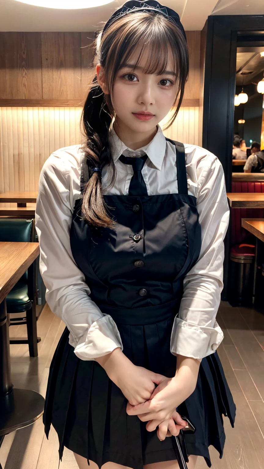 (8K, RAW Photos, Highest quality, masterpiece:1.2), (professional photography, full colors, studio-caliber color grading), (Gravure quality for high-end fashion magazines), close up, BREAK,18 year old girl,(perfect long ponytail:1.1), crying a little, Harajuku style, Big Natural Color Lip, (Plumpy body:1.2 (smooth skin:1.1 (huge breasts:1.2 (expresses the roundness and softness of the chest area..:1.1 BREAK (waitress uniform, restaurant)