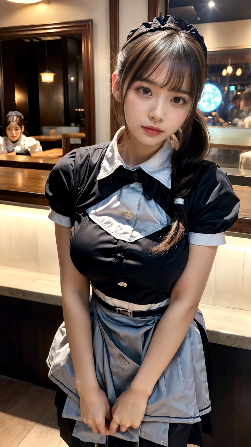 (8K, RAW Photos, Highest quality, masterpiece:1.2), (professional photography, full colors, studio-caliber color grading), (Gravure quality for high-end fashion magazines), close up, BREAK,18 year old girl,(perfect long ponytail:1.1), crying a little, Harajuku style, Big Natural Color Lip, (Plumpy body:1.2 (smooth skin:1.1 (huge breasts:1.2 (expresses the roundness and softness of the chest area..:1.1 BREAK (waitress uniform, restaurant)