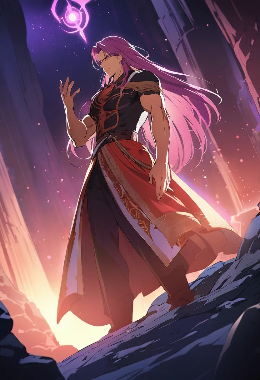 (Absurd, High resolution, Super detailed), 1 male, Adult, good looking, Tall and muscular man, Broad shoulders, Detailed drawn eyes, Very long hair,In a mystical cave, Casting a spell, Night, Central composition, Low angle shot, Eerie glow, Character's hands, Smooth, Mysterious, anime style, attractive anime, pixiv fan art