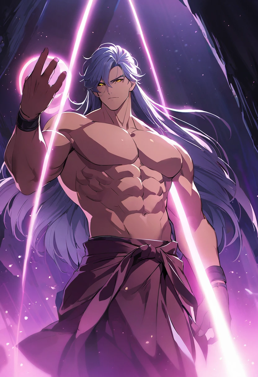 (Absurd, High resolution, Super detailed), 1 male, Adult, good looking, Tall and muscular man, Broad shoulders, Detailed drawn eyes, Very long hair,In a mystical cave, Casting a spell, Night, Central composition, Low angle shot, Eerie glow, Character's hands, Smooth, Mysterious, anime style, attractive anime, pixiv fan art