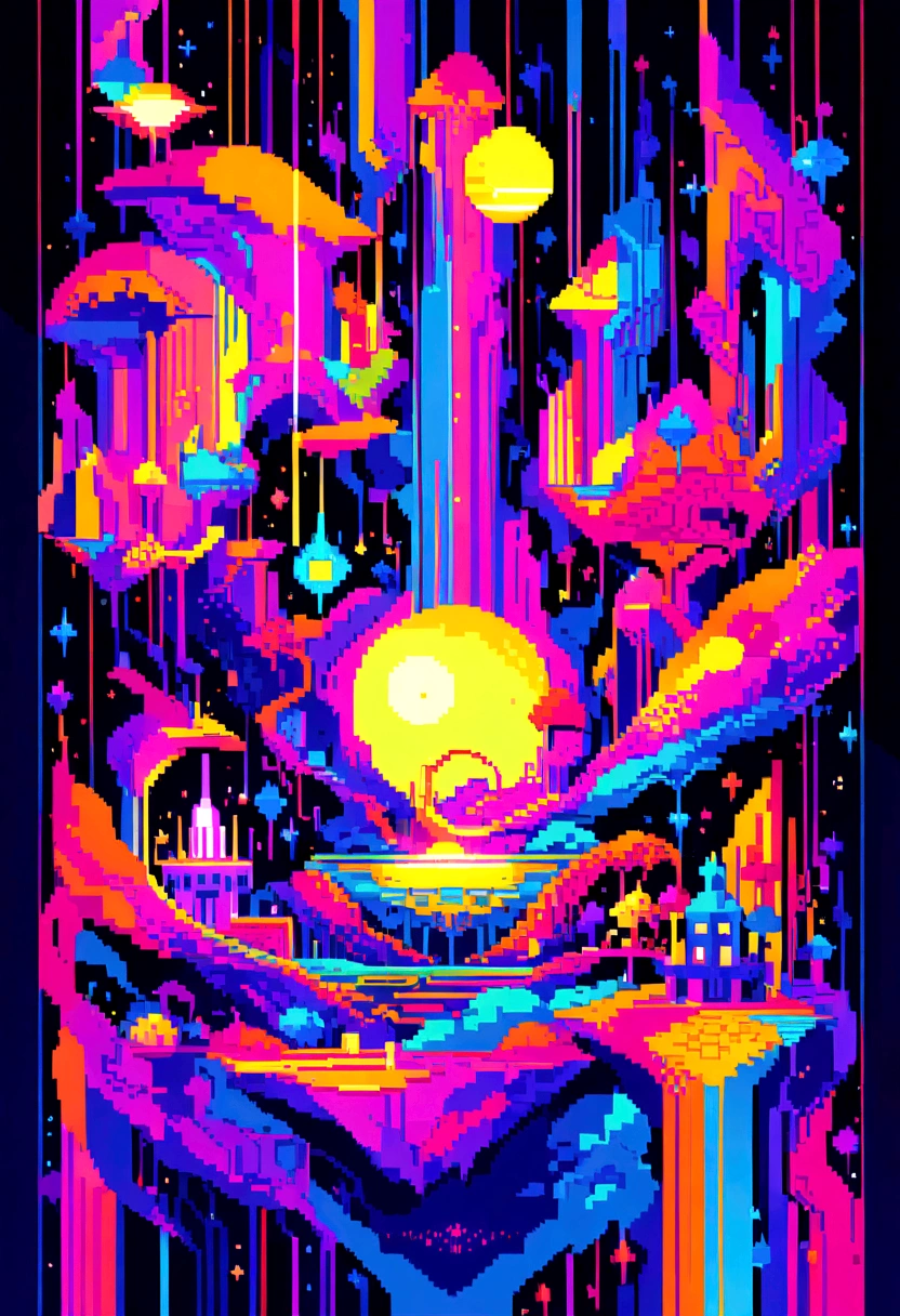 (best quality,4k,8k,highres,masterpiece:1.2),pixel art,retro style,abstract,sharp lines,vibrant colors,unique textures,medium:digital,limited color palette,blocky shapes,detailed structures,surreal elements,imagination unleashed,playful characters,strong contrast,precise placement,symmetric composition,immersive environment,futuristic technology,stylized details,highly pixelated,striking visuals,crisp edges,artistic interpretation,expression of creativity,digital medium magic,dynamic perspective,artful pixelation,unexpected color combinations,smooth transitions,precise pixel placement,exquisite attention to detail,stylized lighting effects,atmospheric ambiance,visual storytelling,engaging world-building,parallel universe exploration,retro gaming nostalgia,playful atmosphere,mind-bending illusions,otherworldly landscapes,unconventional art form,unique artistic vision.